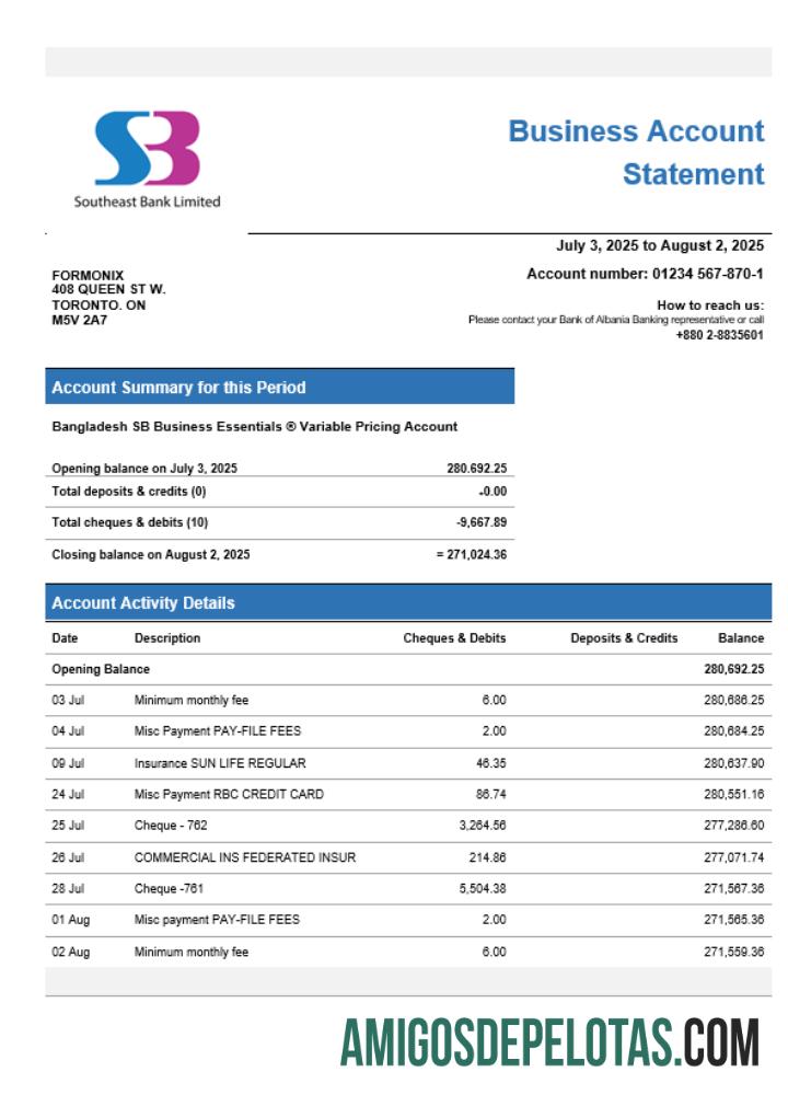 Imprimível SB Bank Business modelo de extrato de conta Word e PDF